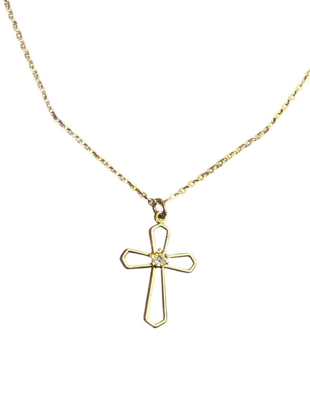 Dainty Goldtone Cross Pendant Necklace Clear Rhinestone Minimalist Pendant